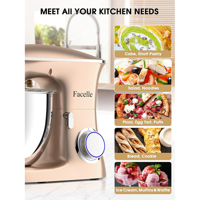 Facelle 2000W 8.5L Stand Mixer - Dough & Cake Mixer with Whisk, Dough Hook, Beater & Splash Guard for Baking, Cakes, Cookies, Kneading, 6+ Speed - Champagne Color