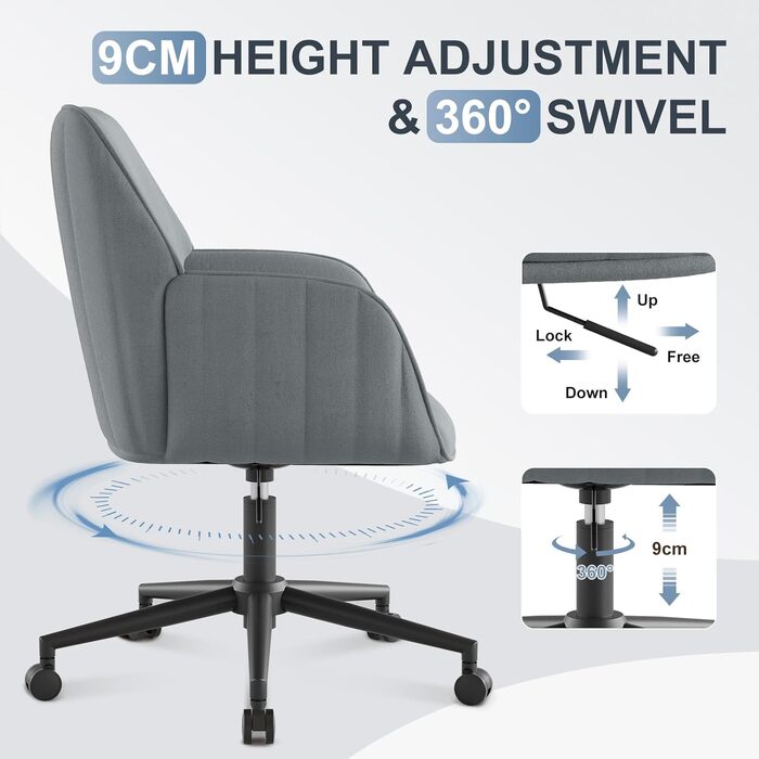 Офісний стілець для дому та офісу до 136 кг, обертовий, оксамитовий, з підлокітниками та колесами, ергономічний, сірий