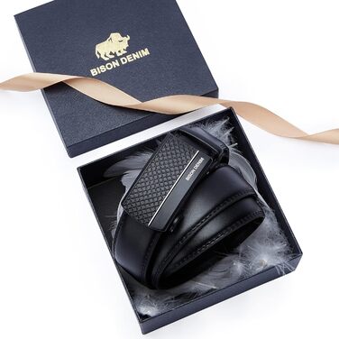 Чоловічий шкіряний ремінь BISON DENIM з автоматичною застібкою-разом - для ділового костюма, ширина 35 мм, чорний