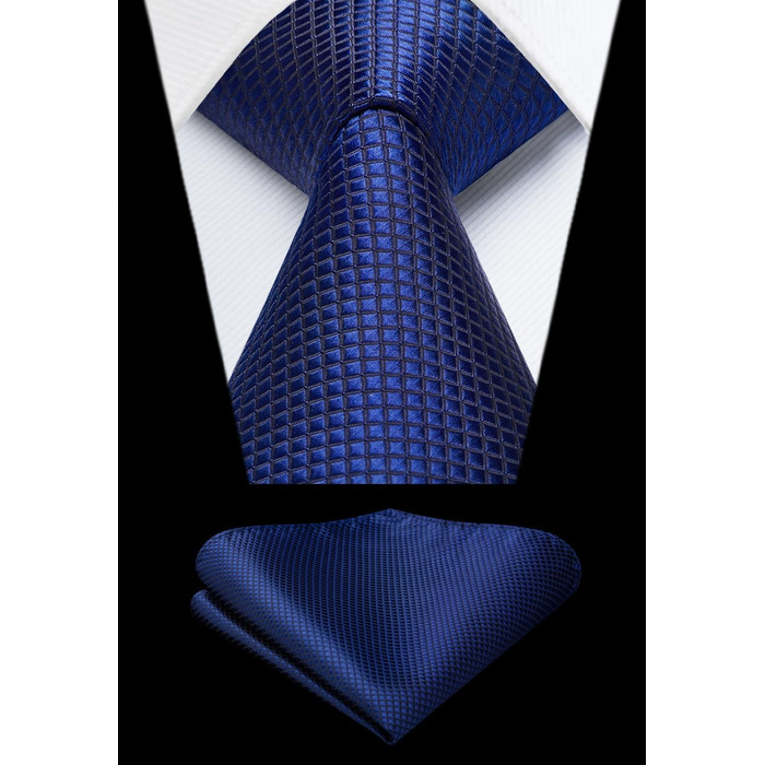 HISDERN Комплект краватки та нагрудного хустинки для чоловіків: синьо-морська в клітинку, елегантний, класичний