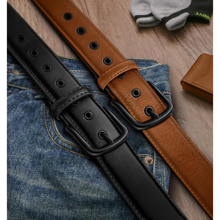 Чоловічі ремені KEMISANT 2 шт. в наборі, шкіряні, регульовані, 38 мм, 7 отворів, для подарунка, чорний/оранжево-коричневий