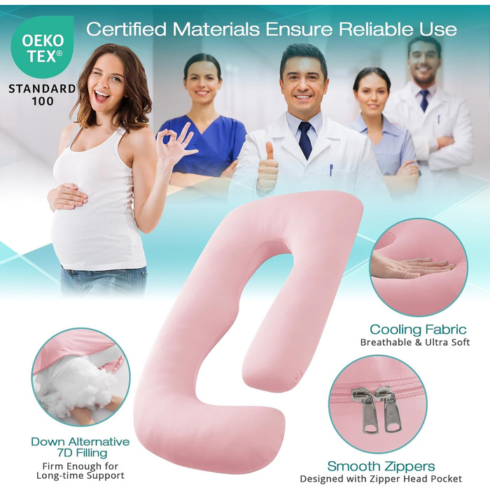Подушка для вагітних Sasttie U-подібної форми, охолоджуюча, 145 см, знімний чохол, рожева