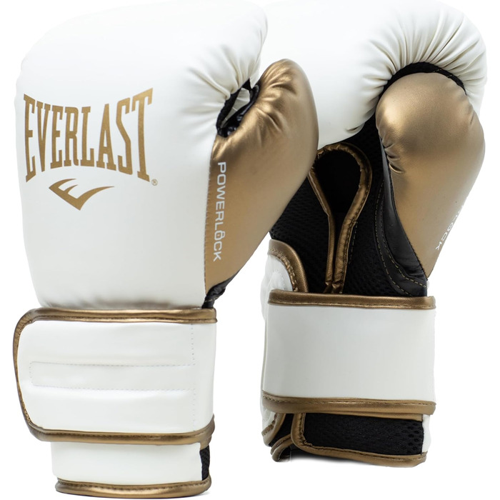 Боксерські рукавички Everlast Powerlock 2R для спарингу та тренування з боксерською грушею, з підтримкою зап'ястя, 4-шаровий шар, оригінальна екіпіровка Everlast (білий/золотий, 12oz)