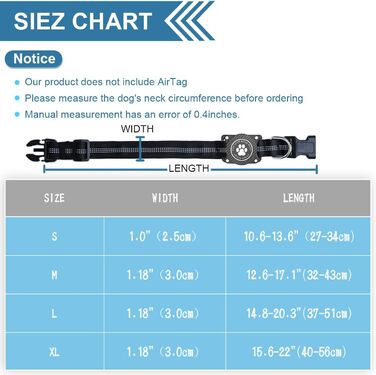 Світловідбиваючий нашийник для Apple AirTag для собак, регульований, водонепроникний, чорний, L (37.5-51.5 см)