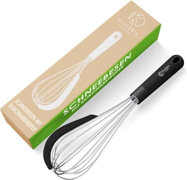 Віскер Oliver's Kitchen® з нержавіючої сталі з інтегрованим силіконовим скребком - ідеальний для випічки та приготування їжі. Спіральний віскер, зручна ручка, легко миється.