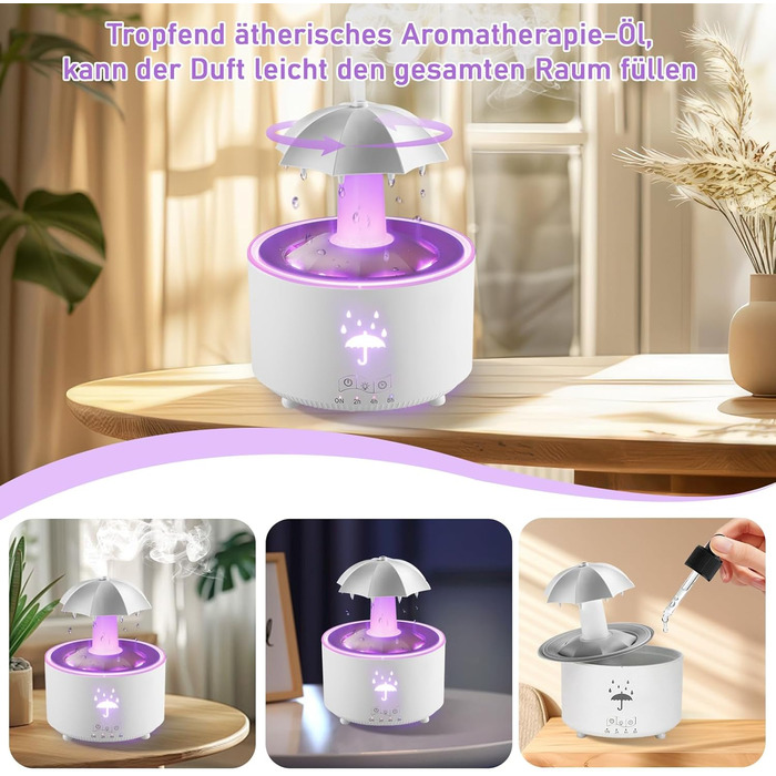 Зволожувач повітря Justup у вигляді парасольки, з LED-підсвіткою 7 кольорів, аромадифузор для ефірних олій, 300 мл, з пультом ДК, білий