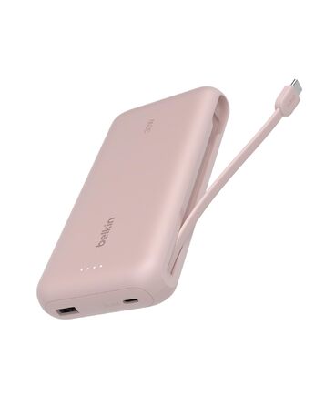 Повербанк Belkin Portable Powerbank 20000 mAh з вбудованим кабелем USB-C, швидка зарядка PD 30W для iPhone 16, iPad Pro, Samsung Galaxy S25, рожевий