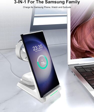 Бездротова зарядна станція NANAMI 3-в-1 для Samsung Galaxy Watch 7/6/5/4, Buds, S26/S25/S24/S22/Z Flip/Fold, Note 20 - Біла