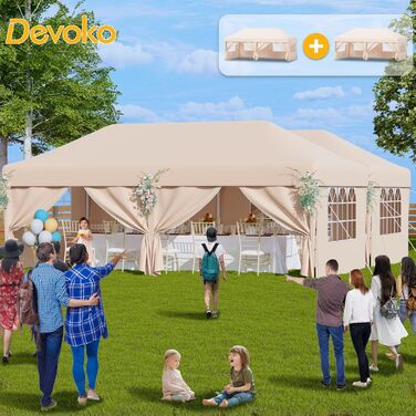 Devoko Gazebo, 2x2 Gazebo Waterproof, Stable, Winter-Proof, 3-Height Adjustable, Folding Gazebo UV Protection 50+, Folding Tent, Folding Canopy, Gazebo with Carry Bag, For Garden Outdoor Camping, (3*6m 6 Side Walls, Beige)