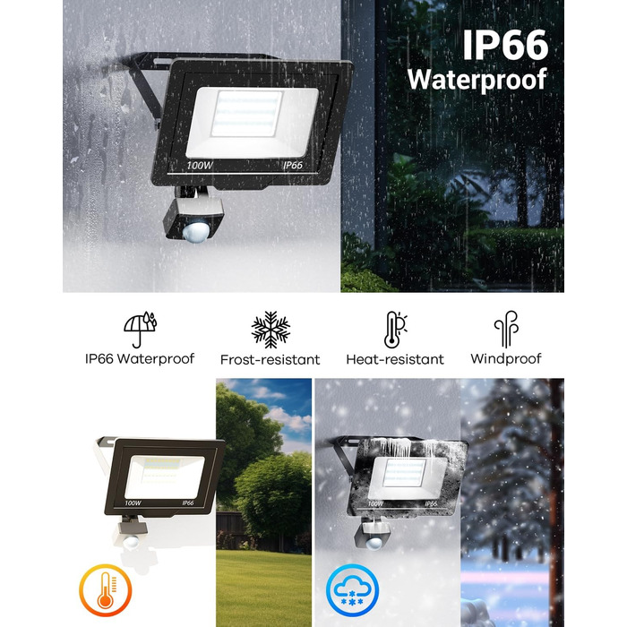 nipify LED прожектор із датчиком руху для вулиці, 2 шт, 30W 3000Лм, IP65, холодне світло 6500K, довгий кабель 100 см, для складу, саду, готелю, двору (100W)