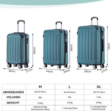 Набір валіз Beibye 2045 з двома колесами, 3 шт., для подорожей, жорсткий корпус, 20 кольорів (темно-зелений)