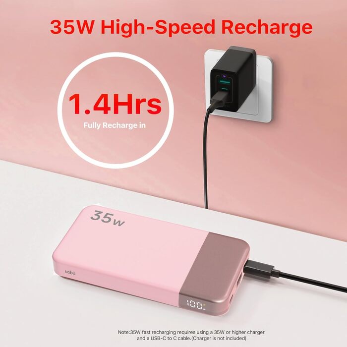 Power Bank NOBIS 35W 10000mAh з цифровим дисплеєм, USB-C, PD, QC, рожевий