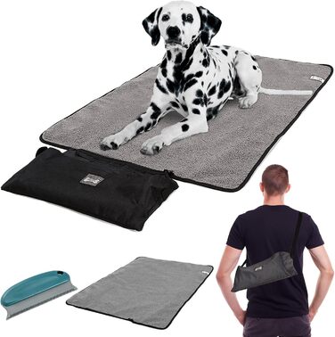Килимок для собак Outdoor: Водостійкий, 100x70 см, миється. Підходить для подорожей, кемпінгу. З сумкою та пристроєм для видалення шерсті. Для собак та котів. Теплий килимок/ліжко. Велика подорожня ковдра (Чорний, Вовна)