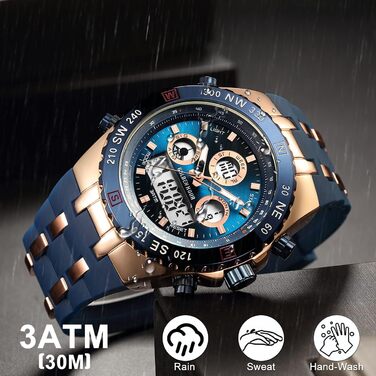 Чоловіжі військові спортивні годинники: цифрові, аналогові, з датою, будильником, світосвітністю, секундоміром. Великі годинники для чоловіків (Rose Gold Blue)