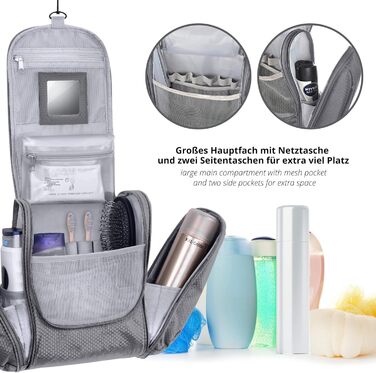 Large Premium Hanging Toiletry Bag with Mirror | Toiletry Bag for Women with Hook | Toiletry Bag for Men | Toiletry Bag for Women | Large Cosmetic Bag (Gray)