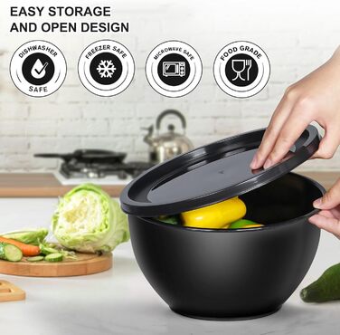 Набір салатниць з кришкою Greentainer, 10 шт. - пластикові миски для кухні, великий набір для змішування та сервірування, чорний