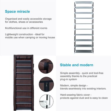 INTIRILIFE Folding Wardrobe 170x58x28 cm - with Zipper Fabric Wardrobe, Clothes Closet, Shoe Rack with 9 Storage Compartments - Camping Storage Box, Textile Wardrobe (Cocoa Brown)