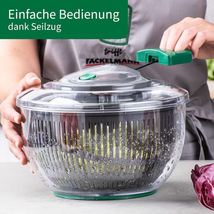Салатниця-центрифуга Fackelmann Chefkoch з мотузковим приводом та стоп-кнопкою – для миття, сушіння та подачі салату. Зручний мотузковий привід та знімне сито