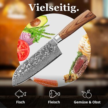 Ніж Santoku Wakoli EDIB Pro Дамаск (VG10) 17 см, рукоять Pakkawood, в подарунковій коробці – для м'яса, риби, овочів
