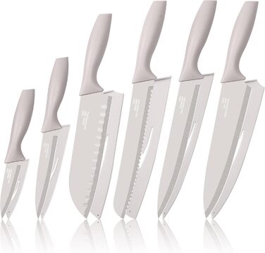 Набір кухонних ножів Homikit, нержавіюча сталь, 6 предметів, з захисним чохлом. Включає: кухарський ніж, ніж для м'яса, ніж для хліба, універсальний ніж, ніж для очищення овочів, сатокі. Антипригарне покриття, Khaki