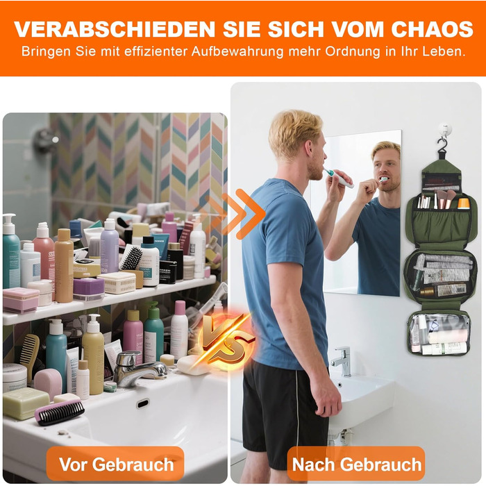 Чоловіча та жіноча косметичка для подорожей з відділеннями, водонепроникна, з гачком, зелена