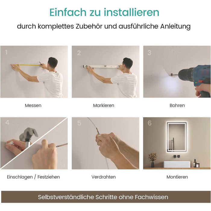 Дзеркало для ванної кімнати EMKE з підсвічуванням 40x60 см LED, антизапар, холодний/теплий білий, з кнопкою, алюмінієва рама, IP44, енергозберігаюче