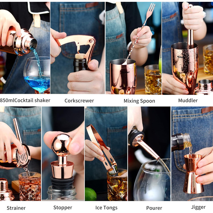 Набір шейкерів для коктейлів Velaze, 10 предметів, нержавіюча сталь, рожеве золото, професійний барний набір для дому, бару та вечірок