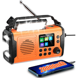 Радіо Kurbelradio з сонячною панеллю та живленням від ручки, 20000mAh, DAB/DAB+/FM, Bluetooth 5.3, Powerbank, SOS, ліхтарик, компас, AUX, TF картка, LED-лампа, помаранчеве