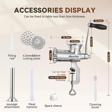 М'ясорубка ручна Hanchen з нержавіючої сталі з присоскою, насадка для ковбас, 2 диски, подрібнювач овочів - професійна