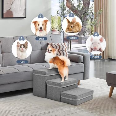Сходинки для домашніх тварин Couleeur: 3 сходинки, антиковзкі, з місцем для зберігання, для собак та котів, складані, сірі