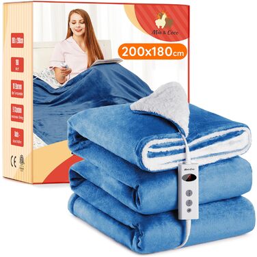 Електрична ковдра Mia&Coco з автовимкненням, 180x200 см, 10 рівнів нагріву, таймер до 9 годин, захист від перегріву, блакитна