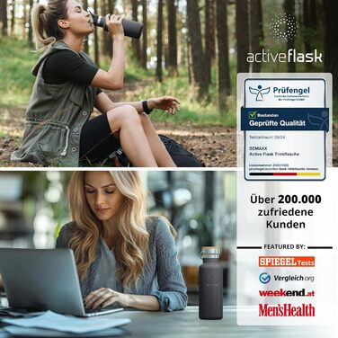 Фляга для води з нержавіючої сталі з трубочкою та інфузером, 3 кришки: без BPA, не протікає, підходить для газованої води - спортивна фляга, термофляга, ізотермос, дитяча фляга для чаю (530 мл, Cool Grey Bamboo)