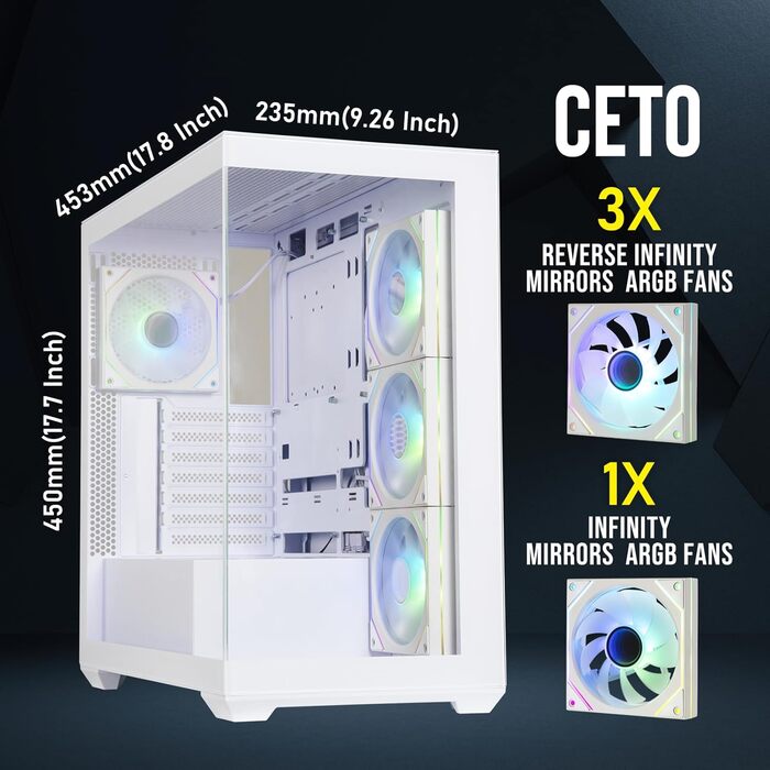 Корпус для ПК BitFenix CETO White з високою вентиляцією та склом Panoramic Tempered Glass, підтримка Reverse Connection Motherboard, 4x ARGB вентилятори Infinity Mirroring, підтримка 360mm AIO та GPU 410mm