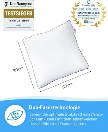 Pillow 80x80 inSPIRO 2-Piece Set, Orthopedic Sleep Pillow from the 2022 Innovation Award Winner, 80 x 80 cm pillow for Side Sleepers, Back Sleepers, Stomach Sleepers, Neck Support Pillow for Allergy Sufferers 80 x 80 - 2-Piece Set