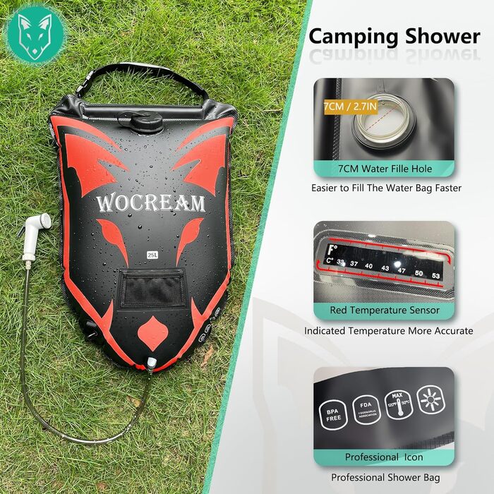 Сонячна душова сумка для кемпінгу 25л Camping Dusch Outdoor помаранчево-червона, портативний душ для пляжу, подорожей, TPU
