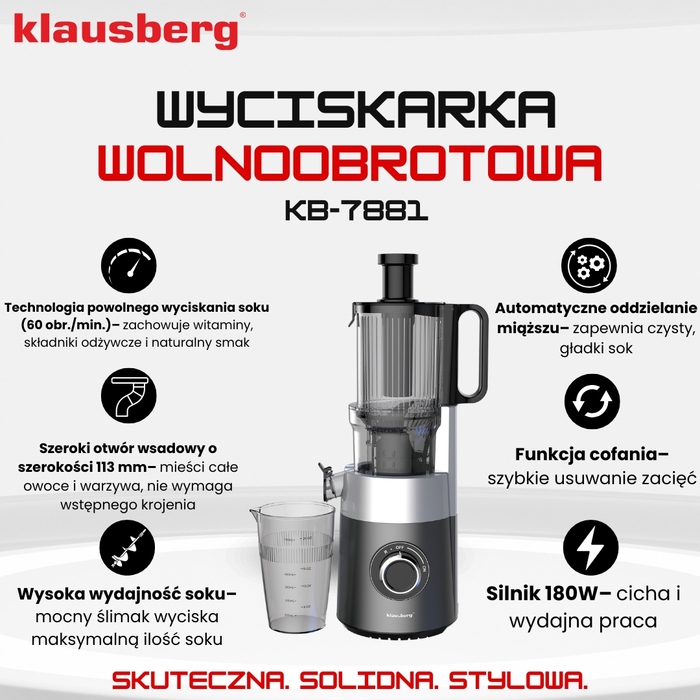 Горизонтальна шнекова соковижималка Klausberg KB 7881, 180 Вт