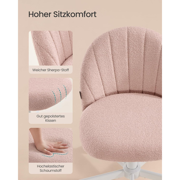Офісний стілець SONGMICS для дому, рожевий, з м'якою оббивкою з флісу, регульована висота, для спальні, робочого кабінету, гардеробної