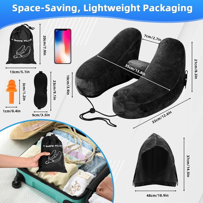 Подушка для шиї у вигляді літака, надувна туристична подушка для подорожей, авто, офісу (чорна)