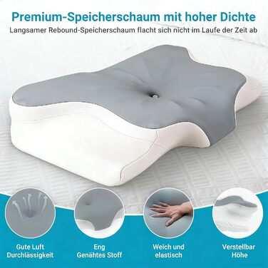 Подушка ортопедична з піни Memory Foam для підтримки шиї, сіра. Ефективна проти болю, ергономічна, для сну на боці, спині та животі.