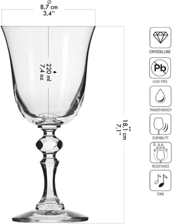 Набір келихів для вина Krosno Krista, 6 шт, 220 мл, кришталь, для дому, ресторану, свят, безпечно мити в посудомийній машині