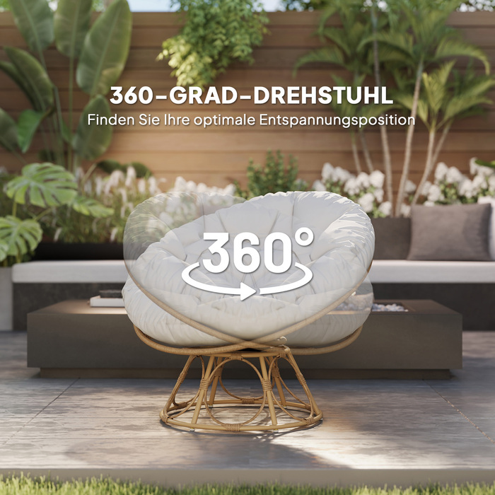 Крісло-папасан Outsunny з ротангу, 360° обертається, крісло-кошик з подушкою для сидіння, діаметр 120 см, кругле ротангове крісло для вулиці, крісло-поворотне, крісло для відпочинку, шезлонг для вітальні, саду, балкону, світло-сірий колір | Aosom