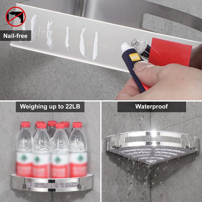DUFU Shower Shelf Corner Shelf No Drilling for Bathroom Self-Adhesive Wall Mount SUS304 Stainless Steel and ABS Shower Shelf Corner Shower Basket Shower Shelves with 2 Hooks for Bathroom Organizer Corner Shelf 2 Pieces Silver