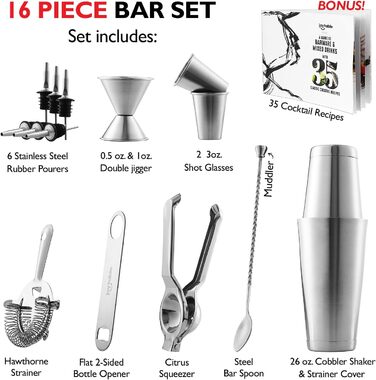 JoyTable 16-Piece Cocktail Bar Set with Citrus Press & Recipe Book - Professional Bartender Kit