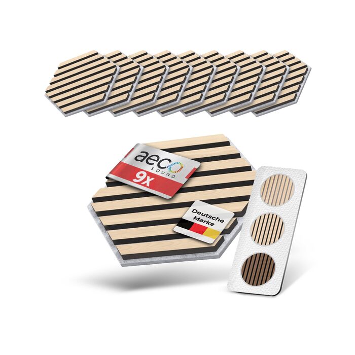 Акустичні гексагональні панелі з натурального горіха та чорного фетру, самоклеючі 3D-панелі для звукоізоляції та декору стін, набір 9 шт (30x26 см)