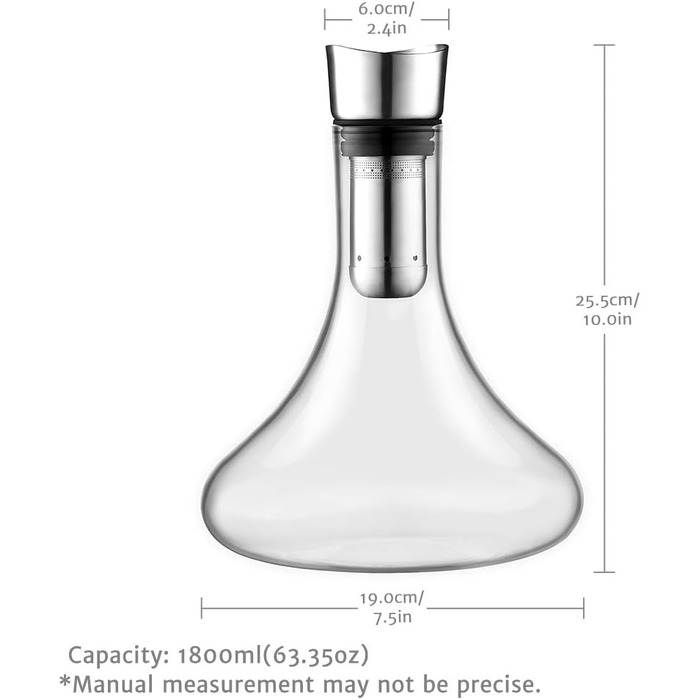 Glastal Decanter - Crystal Glass Decanter with Built-in Aerator for Aerating and Filtering, Drip-Free Pouring, 1800ml/63.3oz (Full Capacity)