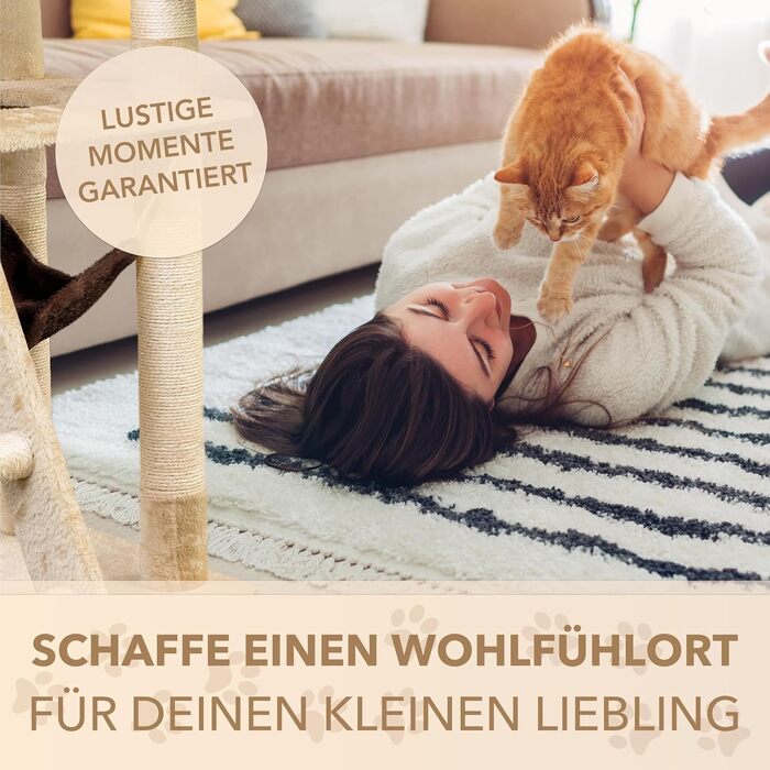 Кігтеточка Foxdevil для котів Xonic® - багатофункціональна кігтеточка з оглядовою платформою, гамаком, затишною печерою, іграшковою шнуркою, сходами – 141 см – (Бежевий/Коричневий V1)