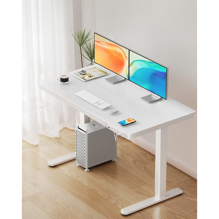 Електричний скляний стіл ErGear 120x60 см з регулюванням висоти, висувною шухлядою, для дому та офісу, біла скляна стільниця, білий каркас