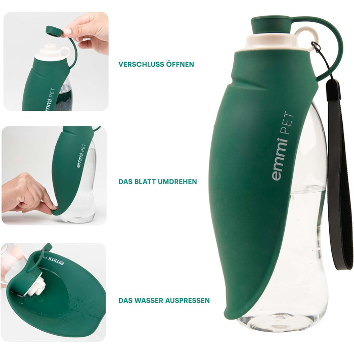 Турбувачка для собак Emmi-pet 600 мл з контейнером для корму 150 мл – портативна пляшка для води та їжі для собак, ідеальна для подорожей, прогулянок та активного відпочинку. Гігієнічна, легка в очищенні. Аксесуар для собак. Зелений колір, 580 мл