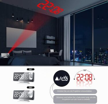 Цифровий LED-будильник-проектор з дзеркальною поверхнею, FM-радіо, USB-портом, гігрометром та термометром, білий