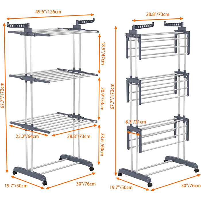 HOMIDEC Clothes Drying Rack Clothes Dryer Tower with Wheels, Space-Saving - with 6 Folding Wings and 2 Swivel Side Wings, Stainless Steel Standing Dryer Clothes Tower for Indoor and Outdoor Use, Grey Grey XL